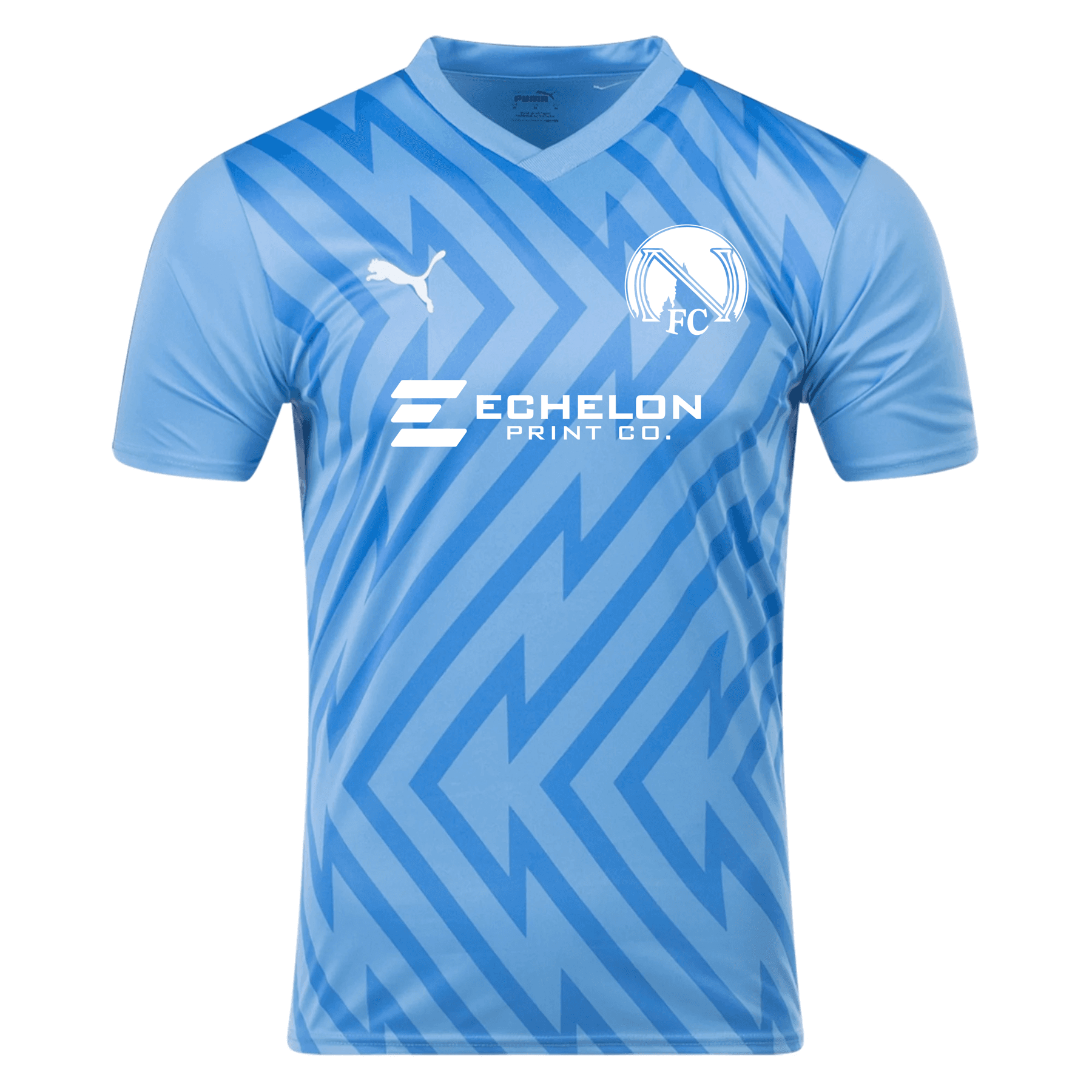 Design rendering of a light-blue Puma Northwood FC soccer jersey with a tonal chevron pattern, white club crest, and white Echelon Print Co. sponsor mark.